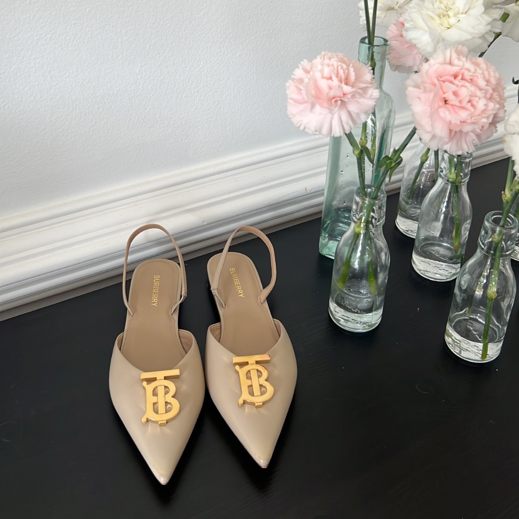 Burberry Anderton Tb Monogram Leather Slingback Point-Toe Ballerina Flat Sz 37